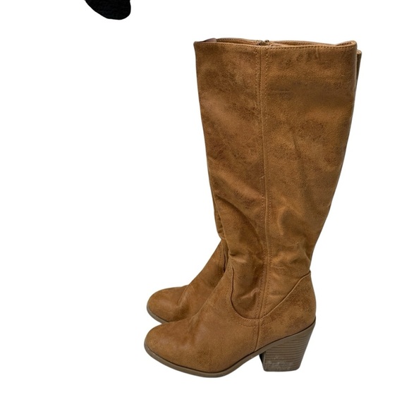Ruff Hewn Boots 3” Block Heel Knee High Zip Close Tan Faux Leather 90s Y2K Club - Picture 7 of 10
